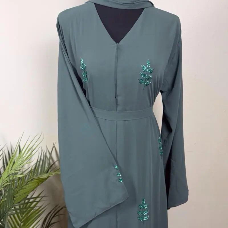 Women's Laila Muslim Abaya - Modest Fashion Outfit with Embroidered Details, Long Sleeves, Elegant Green - Abayas for Eid, Ramadan