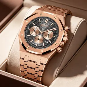 Boutique Luxury Men's Watch - Frosted Gold "Offshore Style" Case - Triple Sub-Dials Chronograph - Date Function - Business & Casual - Ideal Gift for Him