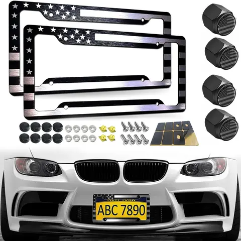 2PCS Premium Black License Plate Frames for US CA Cars , Solid Rust-Proof Aluminum Holder with 2 Holes, Universal Car Frame for Women and Man, Including Screws,4pcs Tire Valve Stem Caps