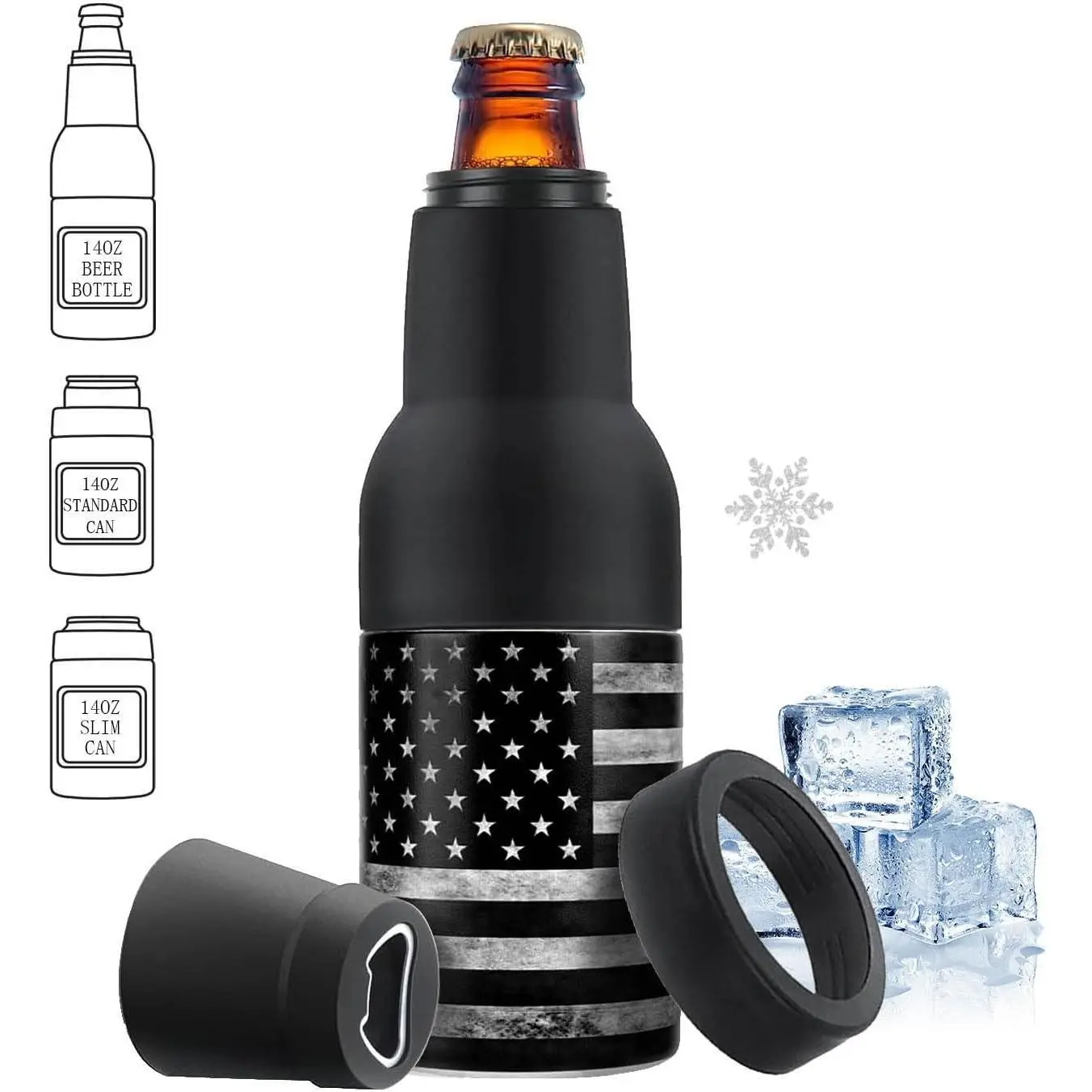 14 oz.Bottle and Can Cooler with  Opener,3 in 1 Slim Can  Bottle Insulators Holder, Stainless Steel Double Walled Insulated Can Cooler for ,Soda, Black Flag