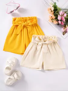 Girls' Bow Shorts Set Outfit, Sweet Fresh Style Charming Bow High Waist Pleated Design Pleated Detail + Puffy Bow, Lightweight Breathable Fabric for Summer Ages 1-8