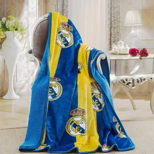 Real Madrid Sherpa Line Throw - Soft & Cozy Blue & Yellow Blanket with Team Logo for Home Decor