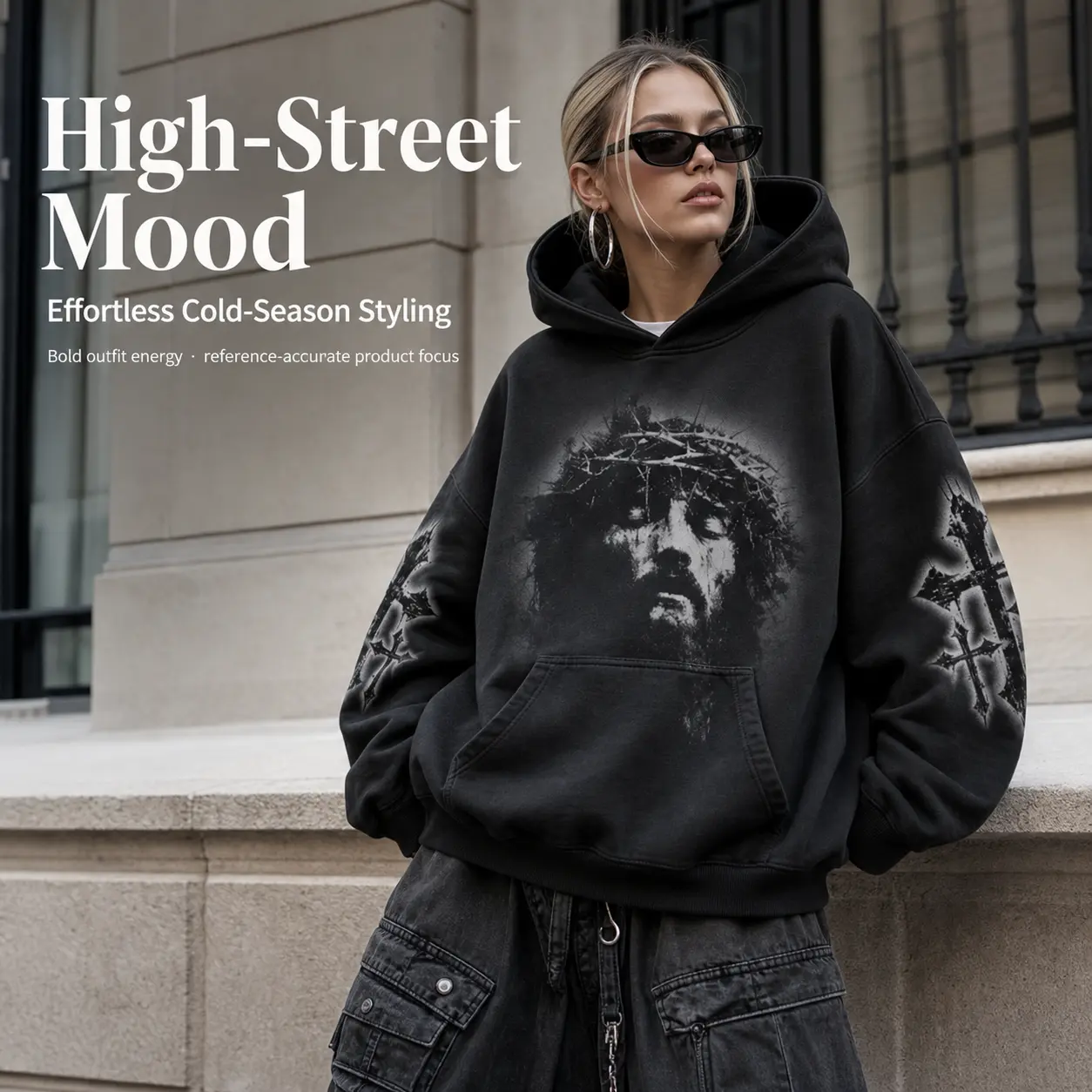 Plus Size Vintage Portrait Cross Graphic Oversized Pullover Hoodie Long Sleeve Fleece Lined Gothic Street Sweatshirt With Front Kangaroo Pocket