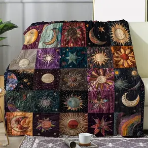 [Vintage | Soft] Soft And Comfortable 1pc Vintage Sun And Moon Print Flannel Blanket | 100% Polyester Knit Fabric | For Sofas, Beds, Offices, Camping, Travel - Perfect For Vacations, Birthdays, Anniversaries, Man Women Gift, Halloween