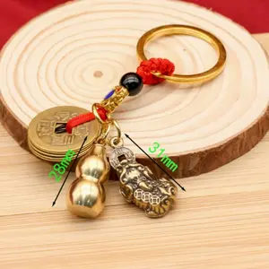 Feng Shui Coins with Brass Calabash Hulu Key Chain, Wealth Prosperity Success Good Luck, Eight Major Guardian Deities, Chinese Zodiac