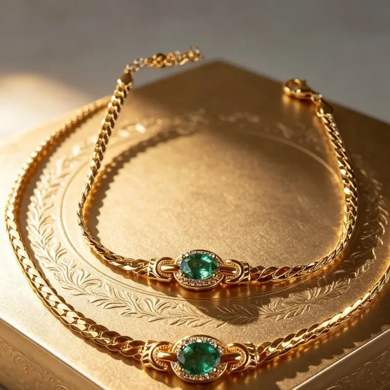 <PingEast jewelry > Emerald snake bone chain with 1.5ct emerald jewelry set