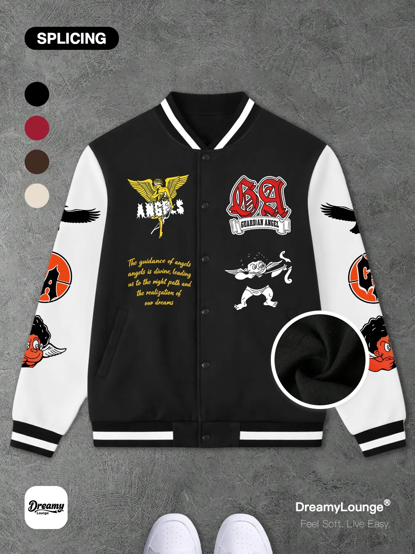 Street Style Baseball Jacket with Letter and Devil Elements, Casual Loose-Fit Graphic Top, Long Sleeve, Breathable and Warm for Outdoor or Home Wear, Streetwear