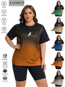 Women's Plus Size Summer Sports T-Shirt, Sports Clothing, Athletic Fitted Breathable Shirt - Breathable Fabric, Lightweight & Quick Dry, Slim Fit Design Gradient Geometric Print with Reflective Strips, Perfect for Gym Workouts, Running & Daily Casual Wear