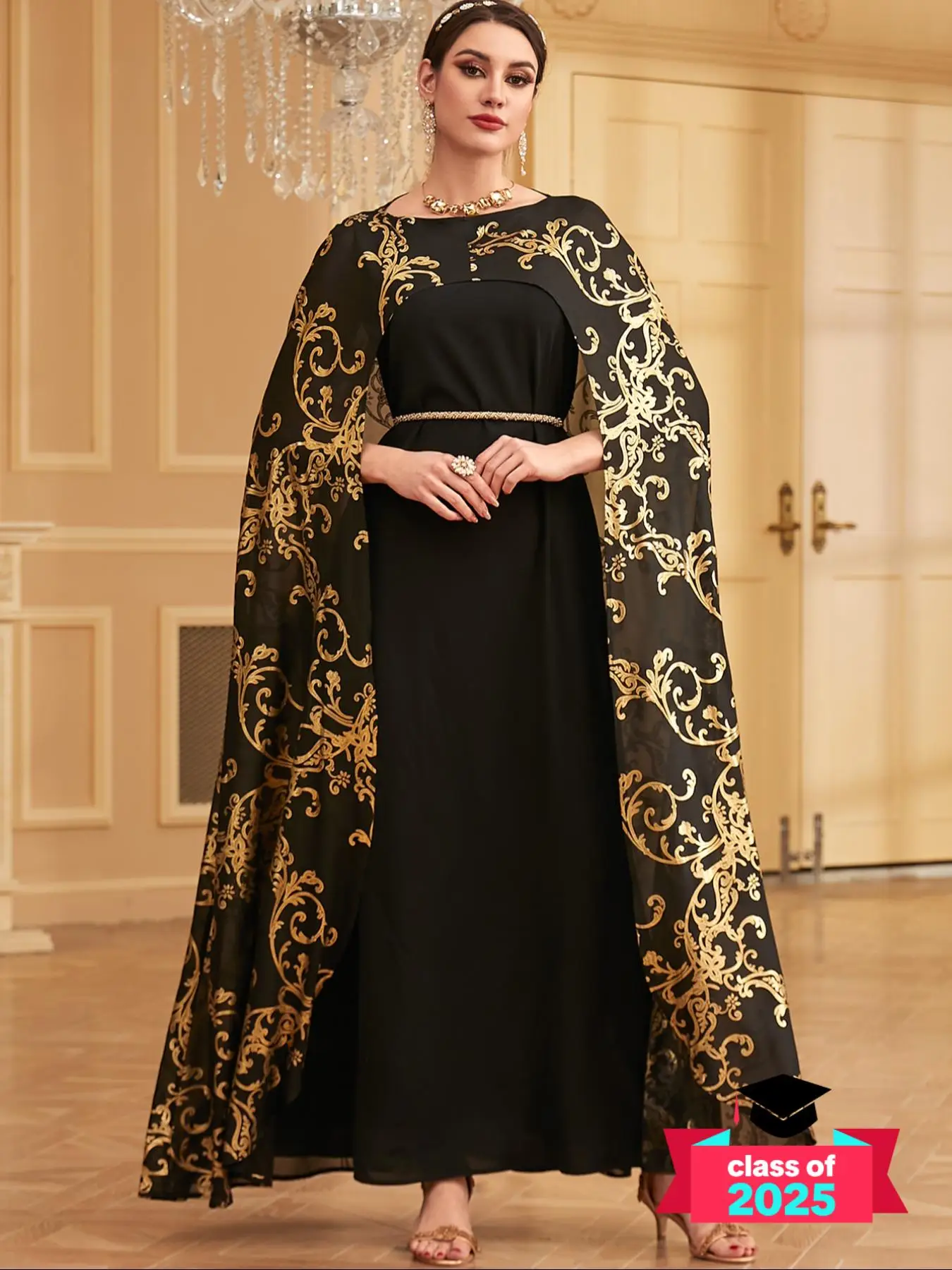 Arabic Clothing-Embroidery Belted 2 in 1 Cape Dress, Elegant Boat Neck Maxi Dress, Women's Islamic Clothing for Formal Occasions