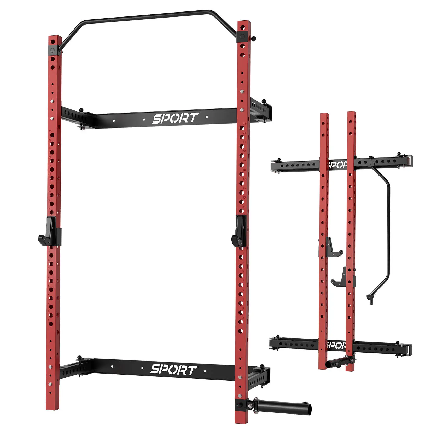 Folding Squat Rack, 2.36" x 2.36" Wall Mounted Multi-Functional Power Rack, 1000Lbs Weight Capacity Power Cage with Pull Up Bar, J Hooks and Landmine, Space Saving Home Gym Equipment