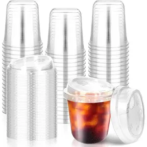50 count Plastic Coffee Cups with Sip , Disposable Plastic PET  Cups with Strawless Lid for Iced Coffee, Smoothie, Cold Beverage, Party Catering Supplies, Drink Shop (Clear, 12 oz)