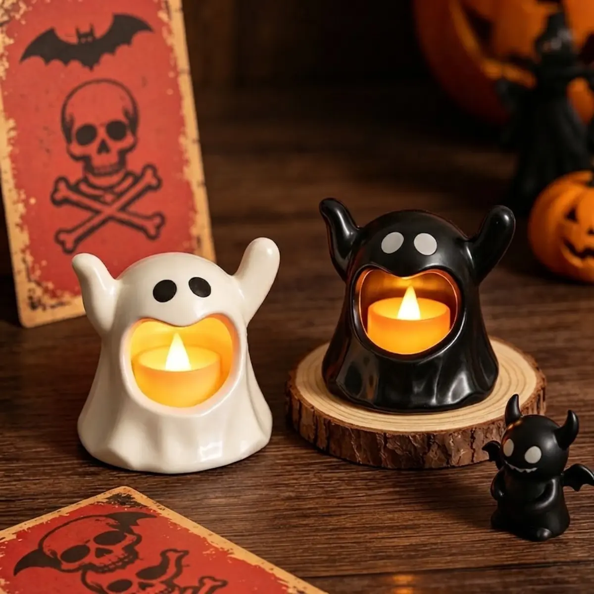 Ghost Tea Light Holder with Flickering LED Candle - Classic Spooky Black Ghost or White 1pc Flameless Home Festive Decor, for Fireplace Mantel Tabletop Party Shelf, Halloween Decor, Decorative