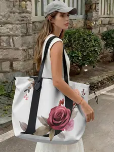 Floral Letter Pattern Drawstring Tote Bag, Large Capacity Shopping Bag, Durable and Wear-Resistant, Suitable for Work, Shopping, Picnic, Storage Tote