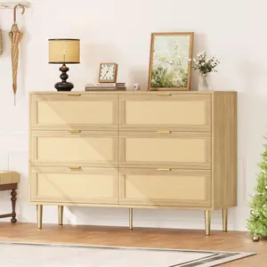 42.5 In Rattan 6 Drawer Dresser, Farmhouse Wooden Chest of Drawers with 5 Metal Legs, Metal Handles, Wide Double Drawer Dresser for Bedroom, Living Room, Natural