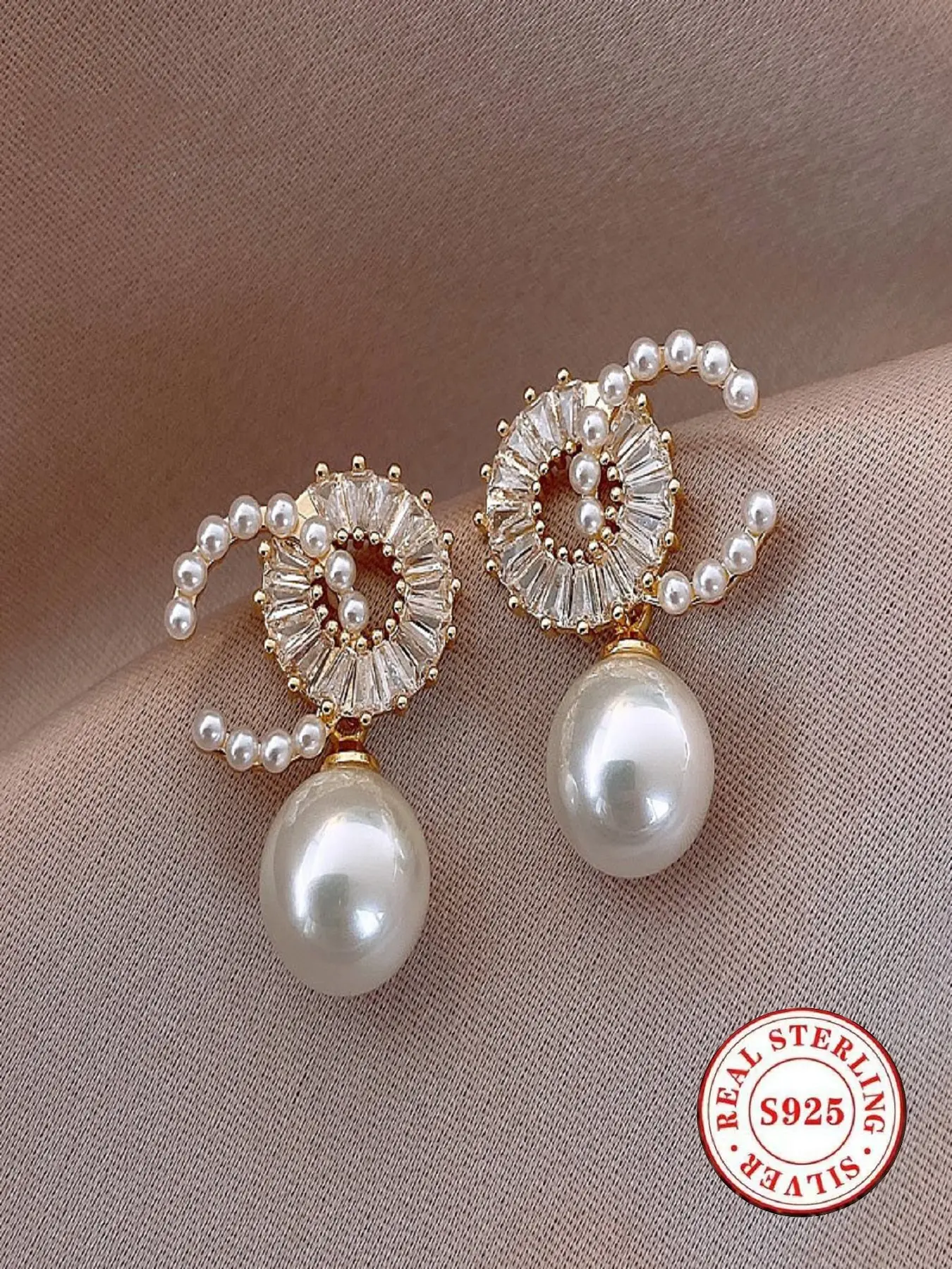 S925 sterling silver chic double C pearl pendant statement earrings - gold-plated crystal ring earrings, suitable for women's fashion party wedding jewelry Shining Earrings Elegant Earrings
