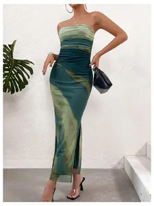 TikTokShopBlackFriday Tie Dye Tube Dress Slit Hem Sleeveless Bodycon Long Dresses