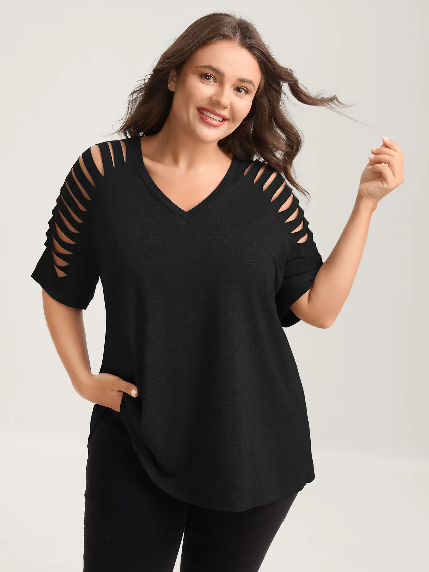 BLOOMCHIC Women's Plus Size Fitted Spandex Fabric Top - V-Neck Shortsleeve Cut-Out Design - [M-6X]Summerfinds ,summeroutfits,vacationoutfits,beachoutfits,back to school,back to school shopping