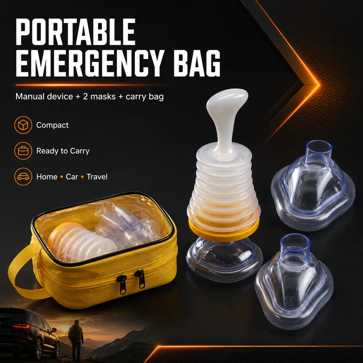 Portable Roadside Emergency Bag for Car, Yellow Travel Preparedness Kit with Manual Device, 2 Size Attachments, Organized Storage Carry Case for Home Car Outdoor