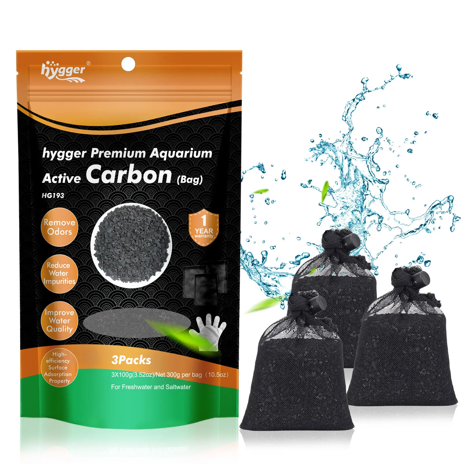 hygger Aquarium Activated Carbon - Premium Natural Coconut Shell Charcoal, High Porosity, Neutral pH Safe, Aquarium-Safe Filtration Tank Filter Media for Freshwater, Saltwater Filters (10.5 oz with Fine Mesh Bag)