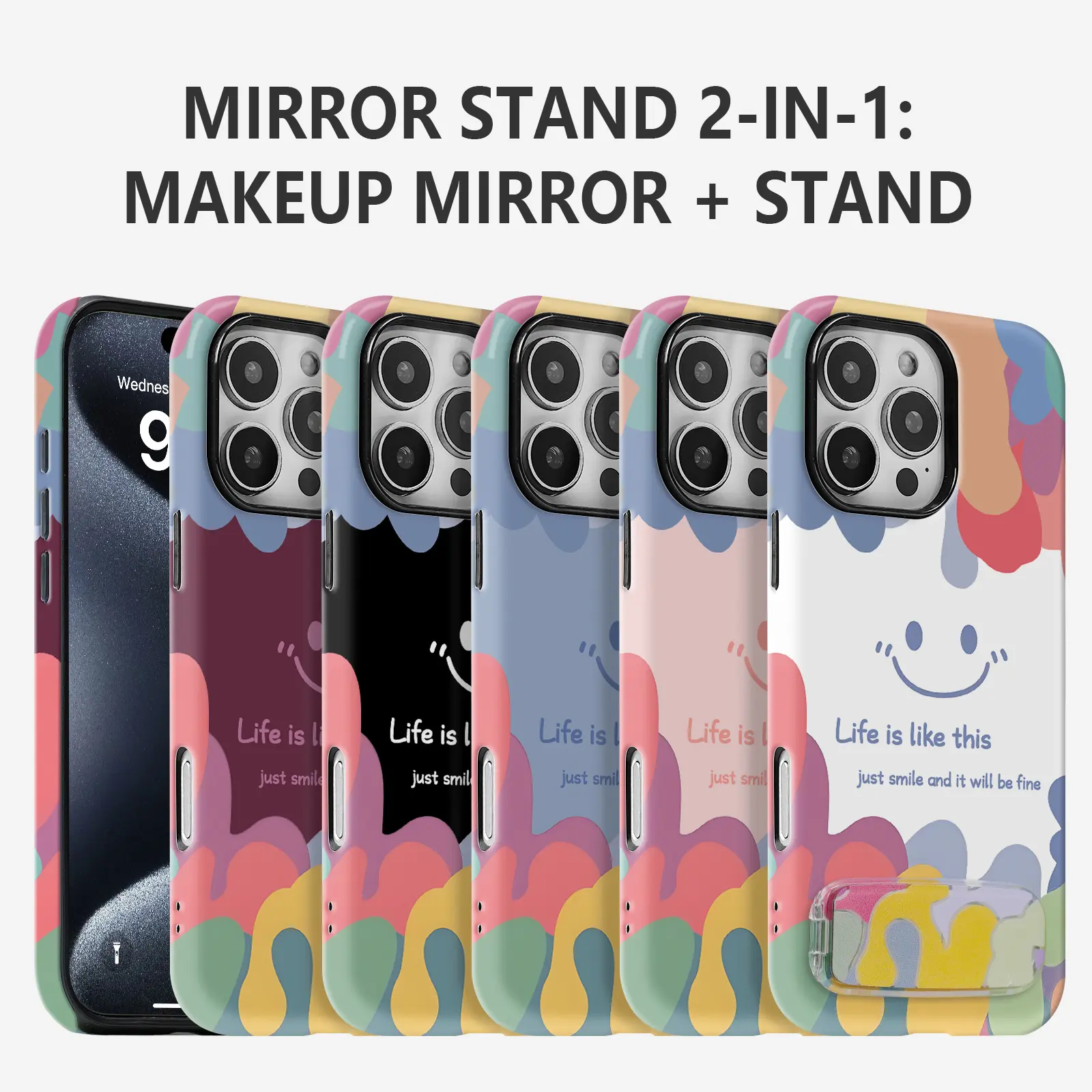 Rainbow Smiley Mirror Stand Phone Case for iPhone 17Pro Max Air 16 15Plus 14 13 12 11 8 7Plus XR XS Max, Comes with a compact mirror, Sandblasted Film Two-in-One, High-Quality,Drop-Proof, TPU Fashion Case, Gifts for girls.WC47
