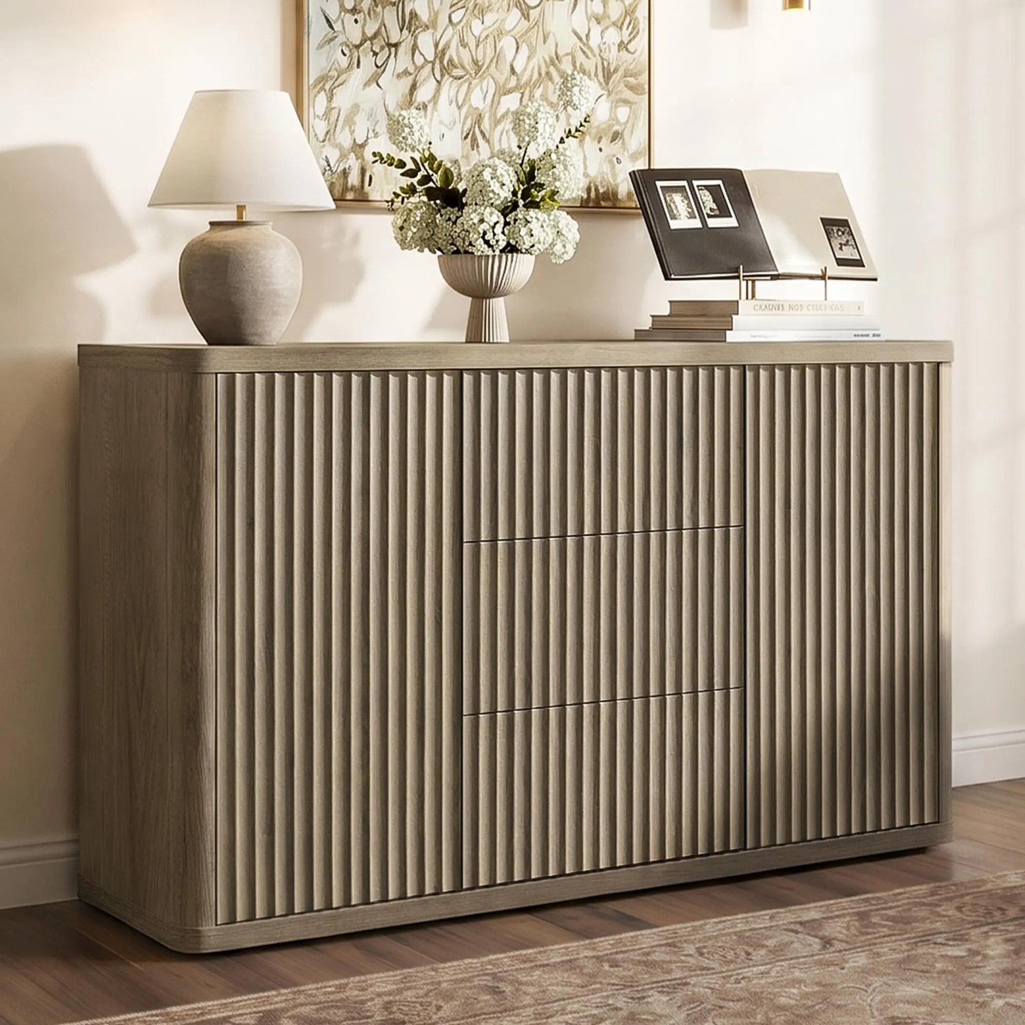 SICOTAS 54.7" Large Modern Buffet Cabinet - Engineered Wood Furniture with Doors, Shelves, Fluted Panels, Easy Setup, Ideal as Entryway Buffet Cabinet, Modern Cupboards, Sideboard Credenza for Living Room, Kitchen, Adjustable Shelves