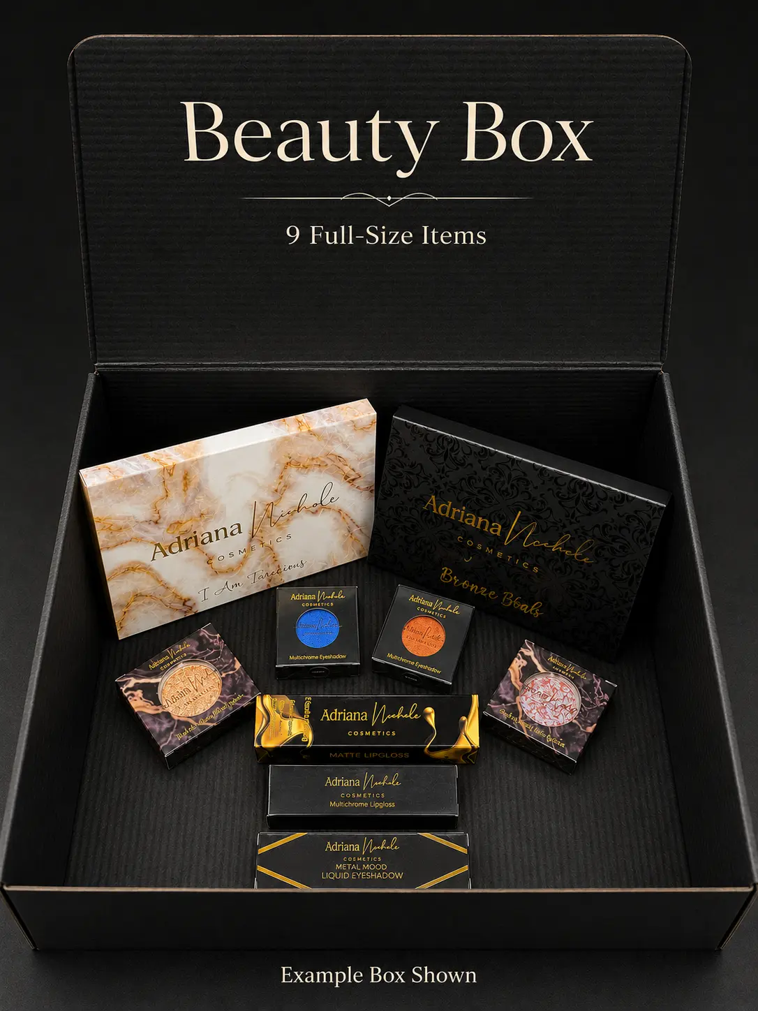 Makeup Beauty Box by Adriana Nichole Cosmetics, 9 Full Size Beauty Products with Eyeshadow, Blush & Lip Gloss
