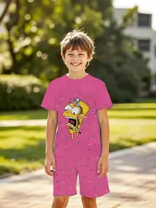 Boys' 3D Short Sleeve Set with Simpson Donut Print, Casual Two-Piece for Outdoor, Holiday Gifts, Birthday Presents