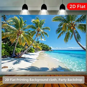 2d flat 1PC summer background cloth, tropical beach coconut grove print, white sand beach and blue sea scene, suitable for tropical party decoration, summer activities, vacation style photo background banner, multiple sizes available, polyester material