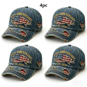 4 Pack 250th Anniversary Edition 1776-2026 Distressed Denim Baseball Caps American Flag Embroidery Ripped Vintage Dad Hats Patriotic USA Fashion Accessories for Men Women