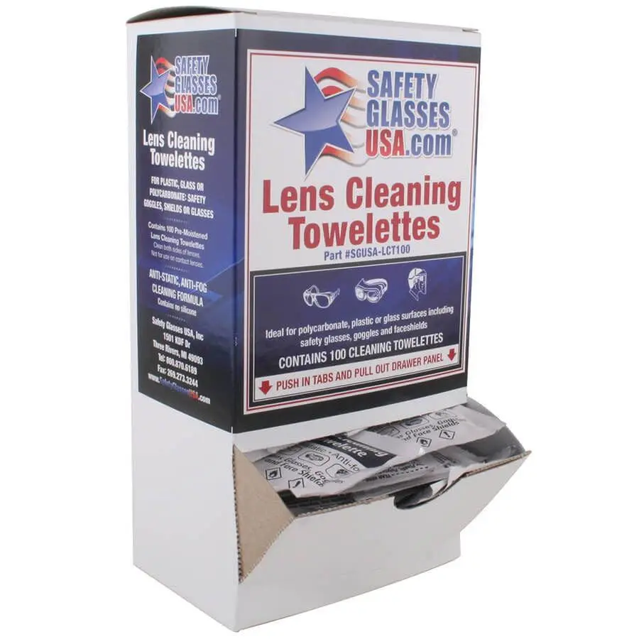 Safety Glasses USA Pre-moistened Lens Cleaning Wipes, Box of 100, Made In USA, Polycarbonate, Anti-Fog Formula, 100 Pcs, Non-Abrasive