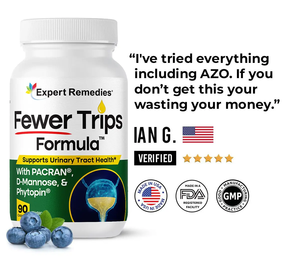 Expert Remedies Fewer Trips Formula Digestive Comfort & Gut Support Supplement with PACRAN D Mannose & Phytopin for Bladder Control Daily Wellness Tablets