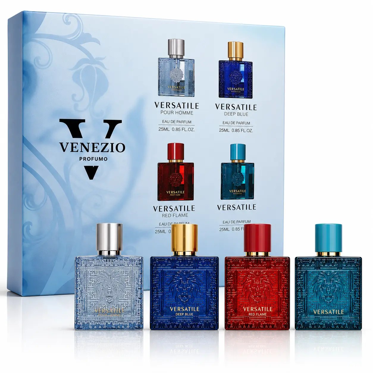 V Venezio Profumo Versatile Collection for Men - 4 x 25ml Fragrances: Deep Blue, Red Flame, Pour Homme, Versatile Eau de Parfum, 0.85 Fl Oz Each, Fresh, woody, citrus, masculine scents for Men, Daily Use Long lasting