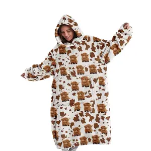 Hoodie Blanket, Cute Highland Cow Print Wearable Blanket Hoodie, Warm and Cozy Unisex Adult Hooded Sweatshirt, Perfect Holiday, Valentine’s Day Gift