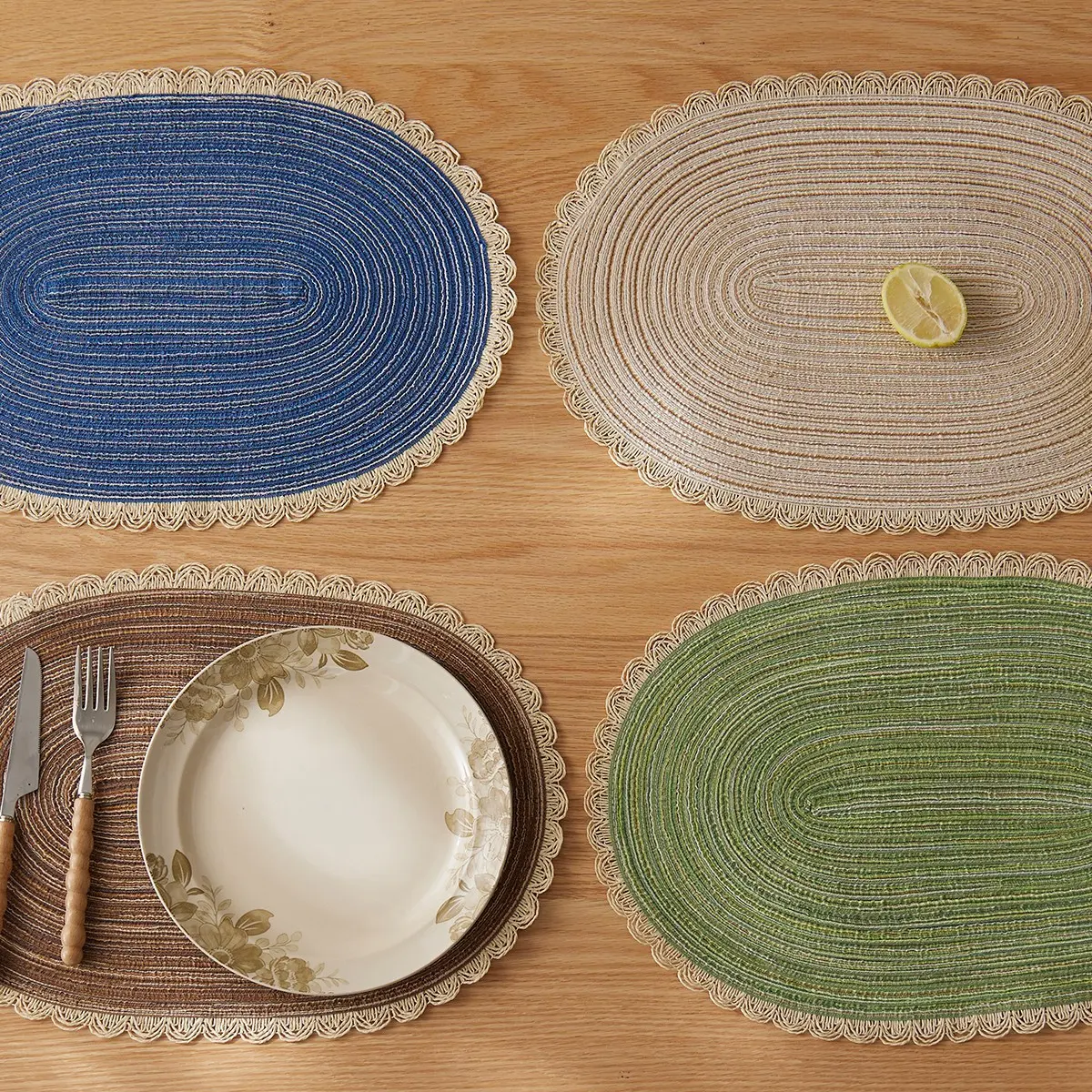 Set of 4 Decorative Aesthetic Stylish Modern Home Hotel Oval Braided Placemats Woven 12x18 Inch Non Slip Washable Heat Resistant Place Mats Coffee Table Mat Round Tablemats for Dining Kitchen Birthday Party Daily Table Decor Dinner Mats Household Placemat