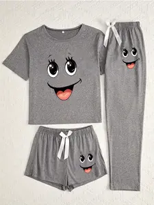 Cute Smiley Face Three-Piece Set, Cartoon Pattern, Loose-Fitting Casual Women Home Wear, All-Seasons Comfortable