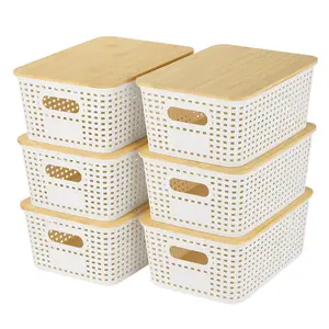 Plastic Storage Baskets With Bamboo Lid - Plastic Storage Containers Stackable Storage bins: Storage Baskets for Organizing Shelves Drawers Desktop Closet Playroom Classroom Office, 6 Pack