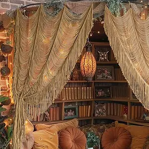 Macrame Curtain Boho Curtain Doorway Window Wall Decor Fiber Yarn Art Handwoven Wall  Art Craftsmanship  Door Bedroom Wedding Backdrop Arch,Closet Room Divider 59" W x 75" H (1 Panel,Khaki)