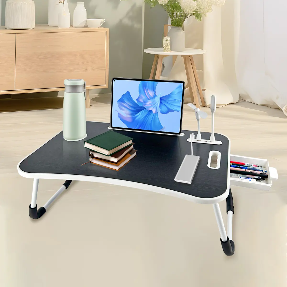 Ultra Large Foldable Portable Laptop Bed Table - Durable Home Office Desk with Tray Holder, Cup Holder Ready, Drawer Keeps Tidy, Organize Function for Bed-Sofa Workspace, Stand for Eating Reading (Home Supplies Organizer)
