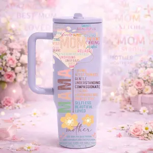 1pc 40oz Stainless Steel Mama Tumbler with Handle, Leakproof Travel Mug with Foldable Straw, Floral Insulated Coffee Cup for Water and Iced Drinks, Car Cup, Best Mother's Day Gift for Mom, Women, Vacuum Insulated Tumbler