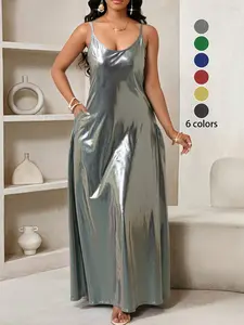 Plus Size Women's Sexy Elegant Shiny Sleeveless Backless Dress, Loose Fit Pocket Evening Party Gown, Slimming Bodycon, 6 Colors Available