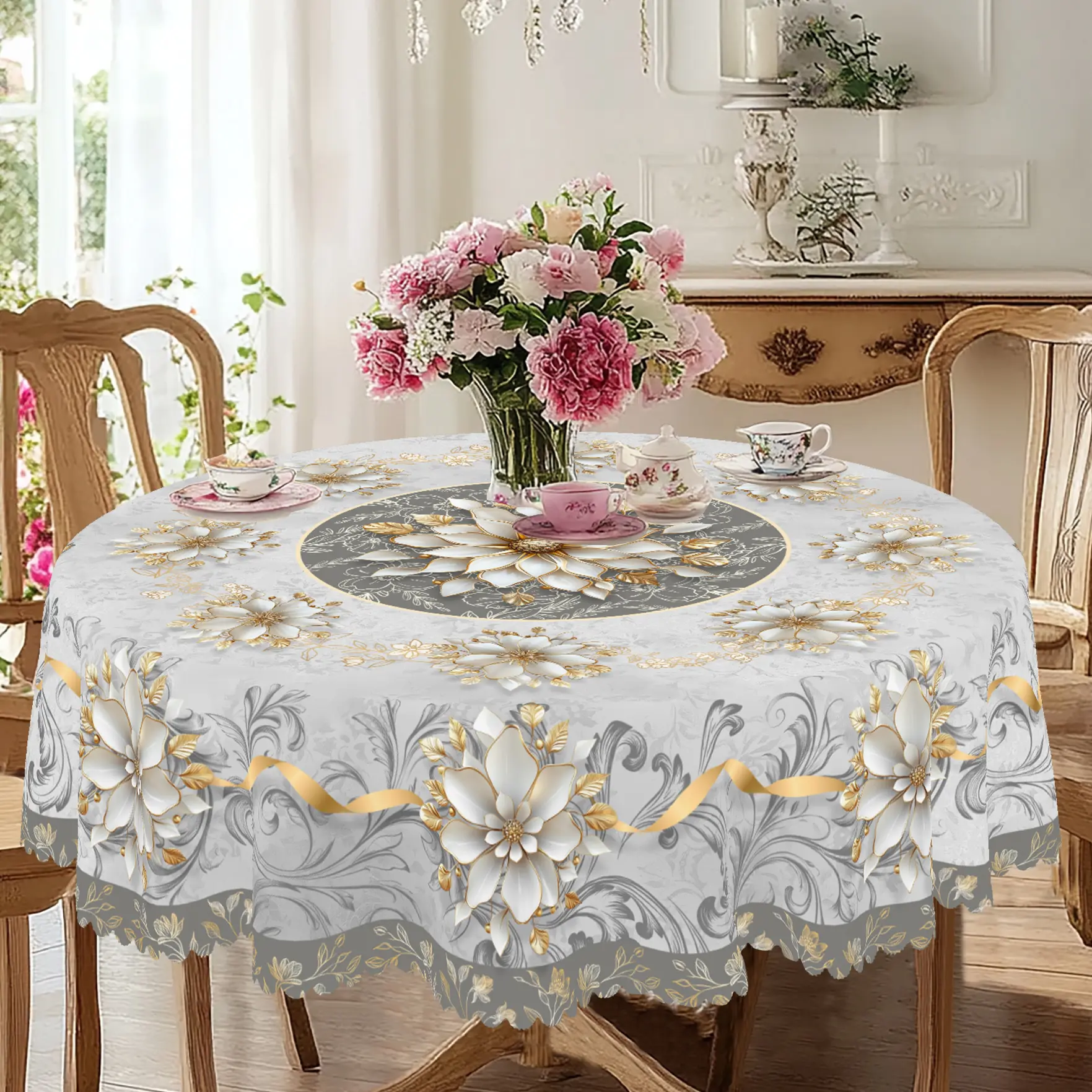 1pc Modern 3D Floral Printed Tablecloth - Colorful Patio Dining/Picnic Table Cover, Spring-Autumn Farmhouse Style, Christmas Party Outdoor Decor, Kitchen Accessory, Noble Elegant Marble-Floral Homegoods Room Decor Gift