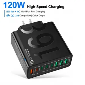 120W 8 in 1 Fast Wall Charger USB Charging Head 4 USB And 4 Type-C Fast Charging Phone Chargers Adapter Portable Charger Quick Charger 3.0 USB Wall Charger for iPhone 11 12 13 14 15 16 17 Pro Max XS Max for Samsung for Xiaomi Travel Home Use
