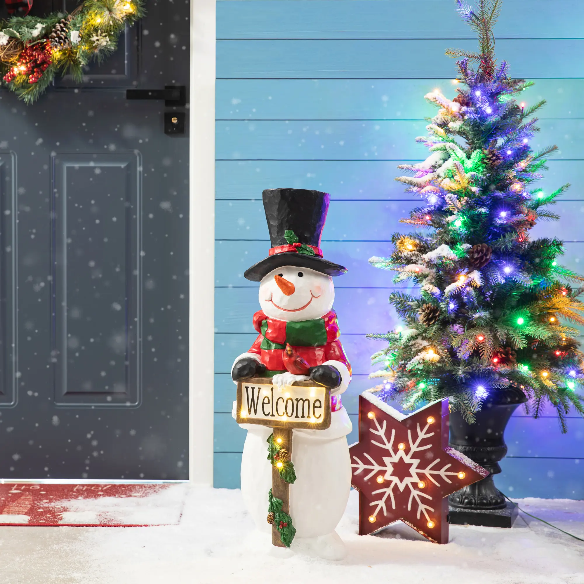Glitzhome 29.25in Pre-Lit Christmas Decor Modern Hand-Painted Resin Snowman Floor Mount Porch Decor, Indoor-Outdoor Festive Piece with 8 Warm White Bulbs, Built-In Timer, 3D Design, Very Good Stability, Durable Home Supply