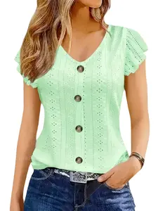 Women's V Neck Hollow Out Short Sleeve Top, Slimming Fit Fly Sleeves Design, Casual Fashion Chic Blouse for Daily Wear Shirts Fitted