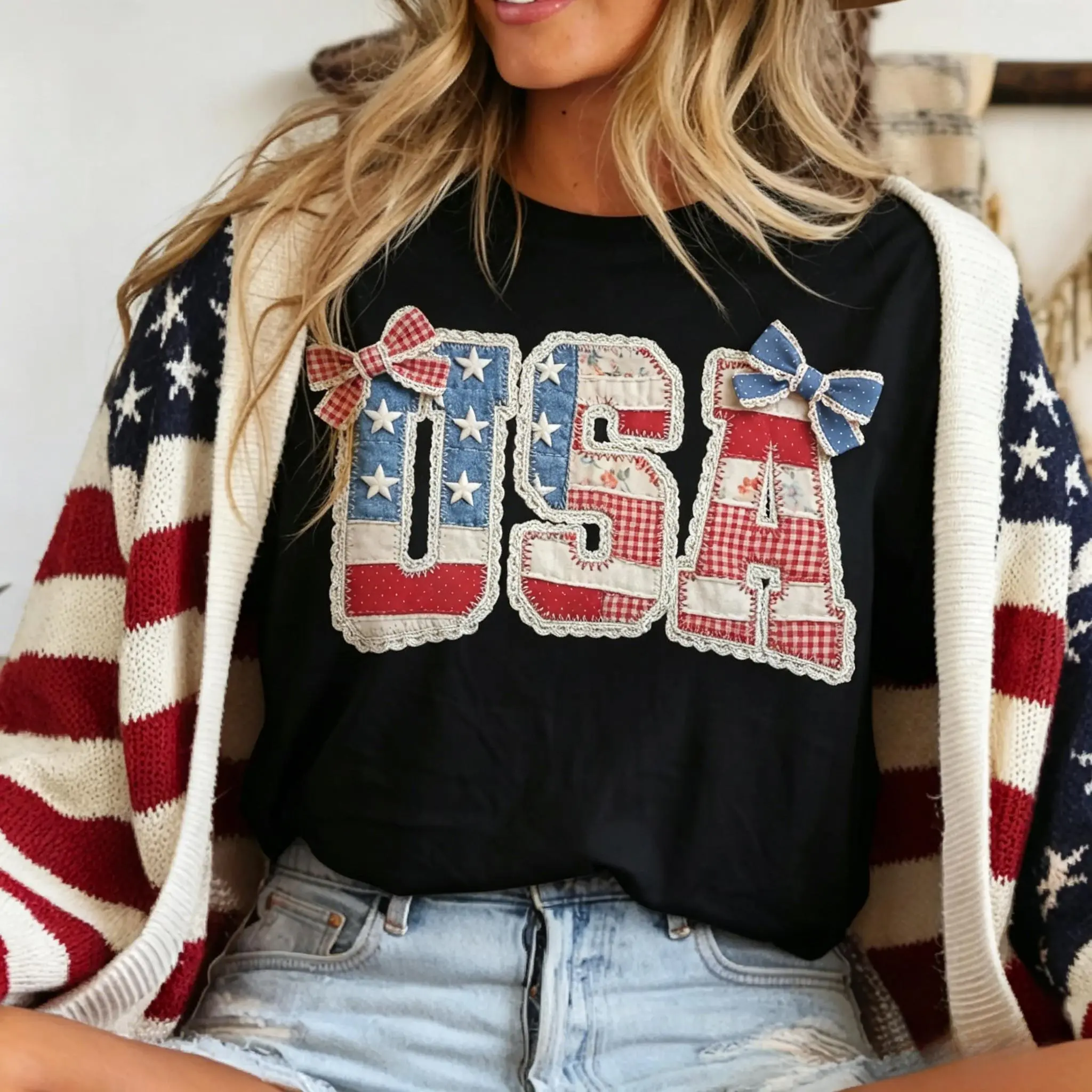 Women's Unisex Vintage USA Patchwork Quilt-Print Cotton Fabric Sweatshirt, Retro Patriotic Pullover for 4th of July, Casual Top