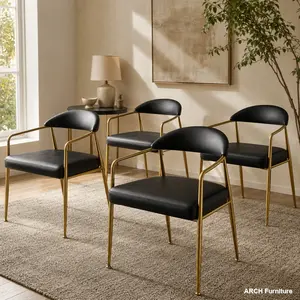 Modern Minimalist Chairs - Set of 4 Indoor Furniture Pieces with Black Seats and Golden Metal Frame