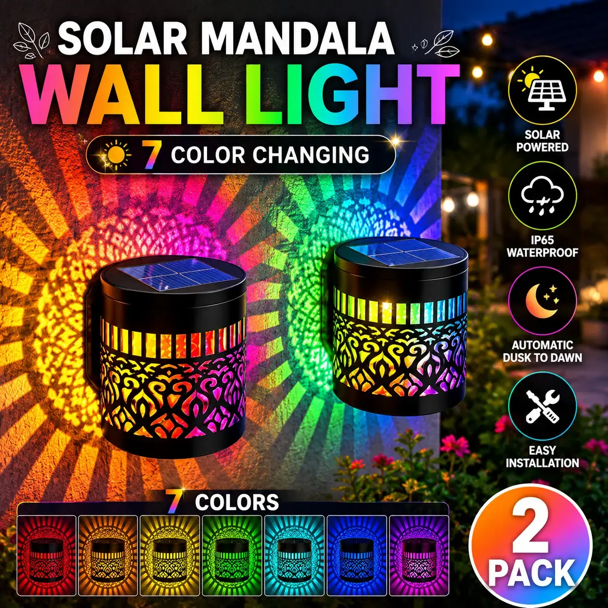 Artistic Mandala Solar-Powered Wall Lights - Outdoor Waterproof IP55 Aluminium Geometric Fence Lights with Shadow Projection LED Accent, 3m Tape, 2-Way Installation, Auto On/Off, 6-8 Hours Runtime, for Patio Decoration, Thoughtful Gifts