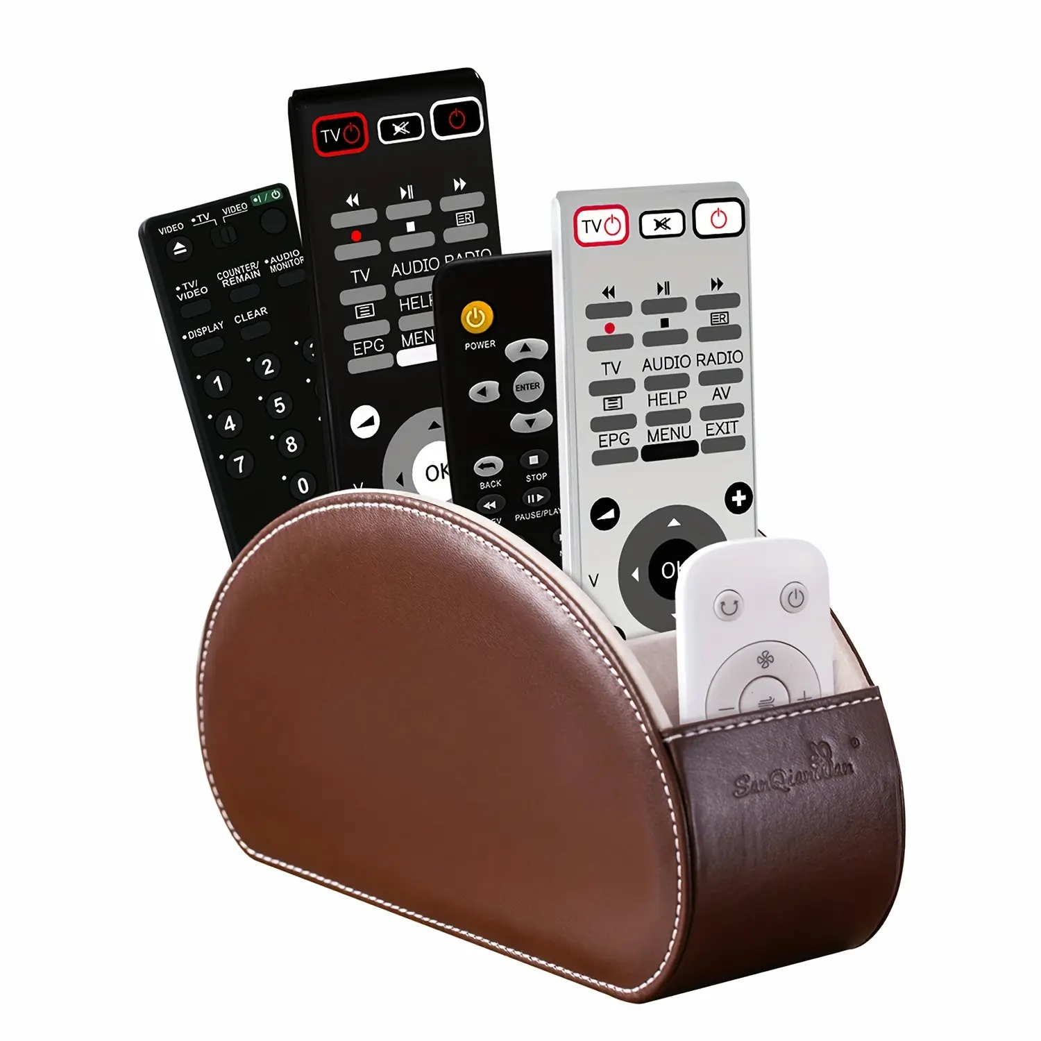 SANQIANWAN Remote Control Holders Organizer Box with 5 Compartment PU Leather Multi-Functional Office Desk Storage Caddy Store TV Remote for Media Player, Brush, Pencil, Glassees&Office Supplies, Shelf Baskets