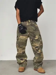 Men's Vintage Camouflage Print Ripped Edge Multi-Pocket Work Pants, Casual Loose Straight Leg Jeans, All-Season Fashion
