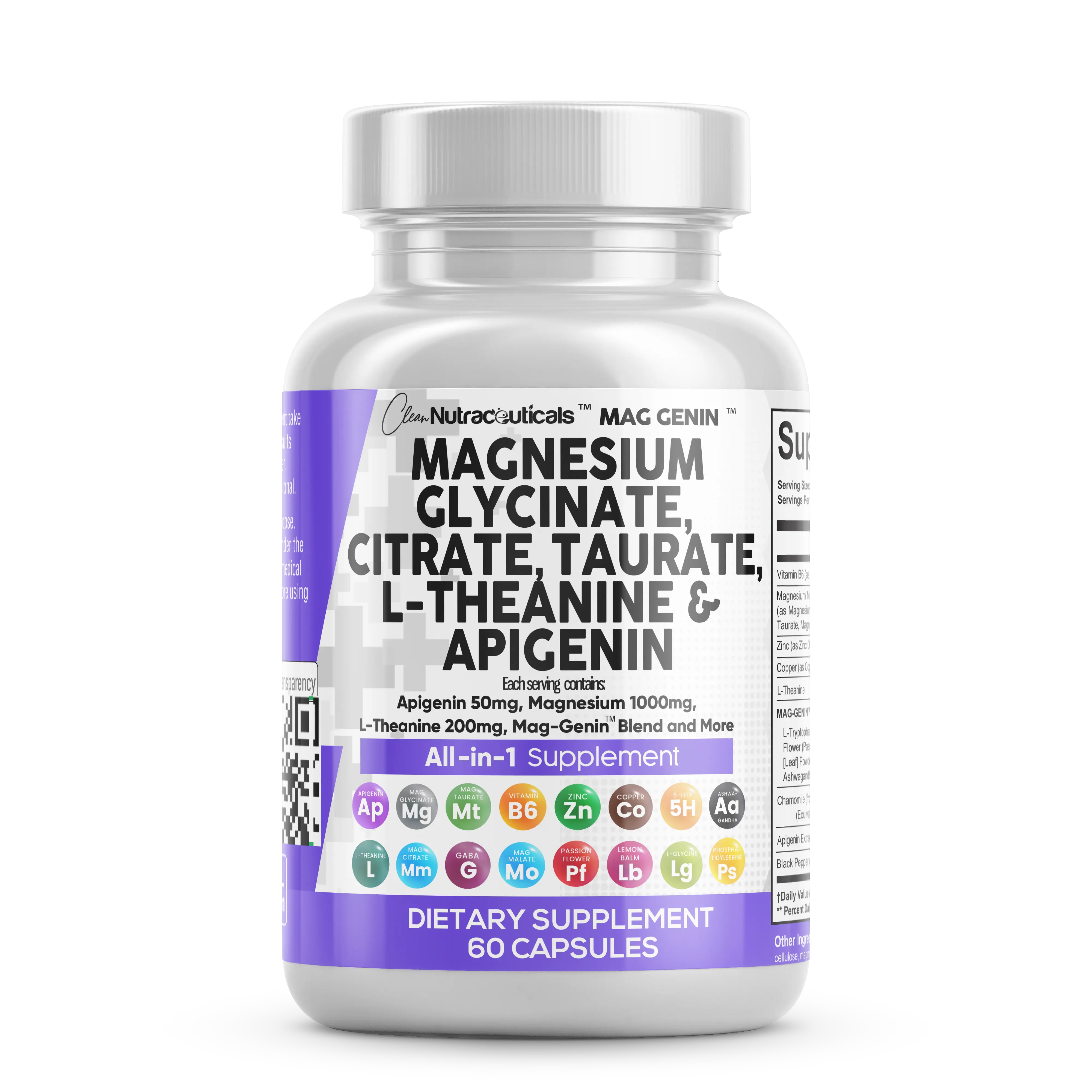 Clean Nutraceuticals Magnesium, Glycinate, Citrate Taurate, L-Theanine, Apigenin, Magnesium & More for Sleep Vitamin Dietary Supplement Capsules - Mag Genin